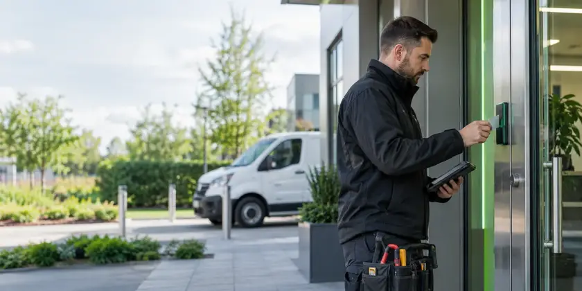 Illustrative Access Control System Upgrades scene: Engineer Testing Modern Door Access Reader.