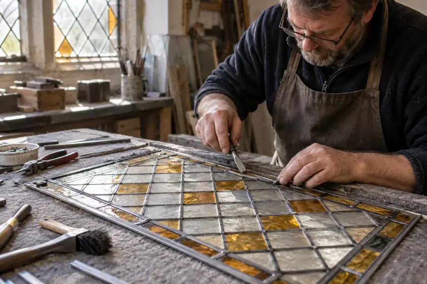 Illustrative Anti Glare Window Film scene: Craftsperson repairs a traditional leadlight window.
