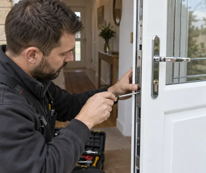 Illustrative Burglary uPVC Door Repairs scene: Locksmith repairs a white uPVC door.
