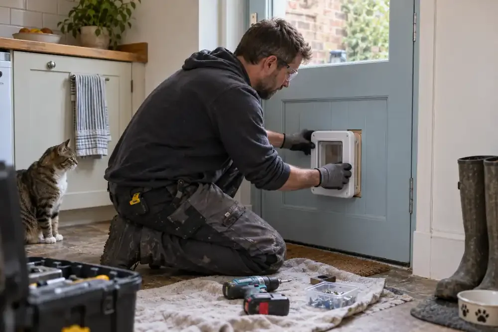 Installer working on a cat flap in a timber door