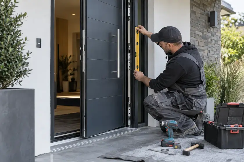 Illustrative Commercial Door Entry Repairs scene: Installer Aligning Reinforced Entry Door.