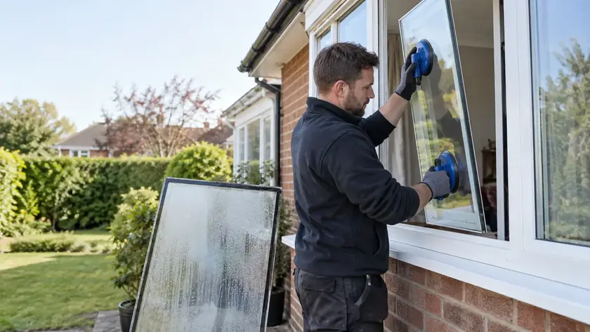 Illustrative Commercial Double Glazed Unit Replacement scene: Glazier replaces misted double glazed unit.