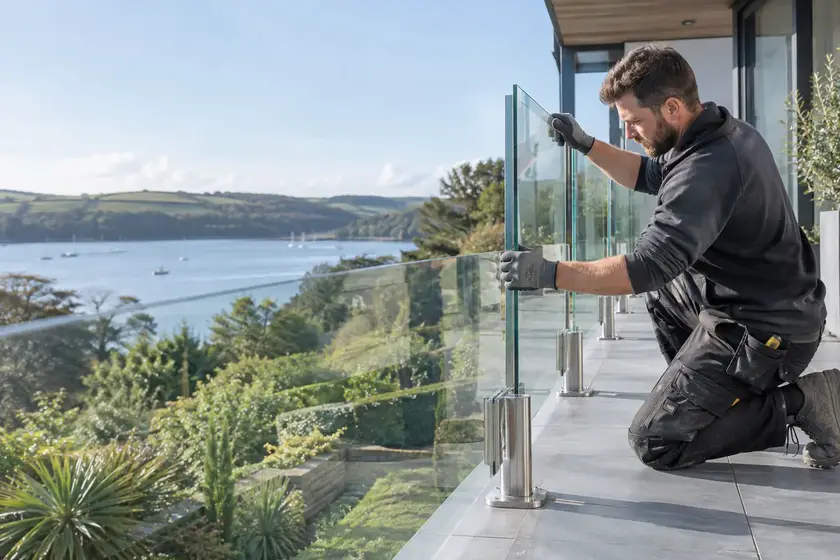 Illustrative Commercial Glass Balustrades scene: Glazier Installing Toughened Glass Balustrade.