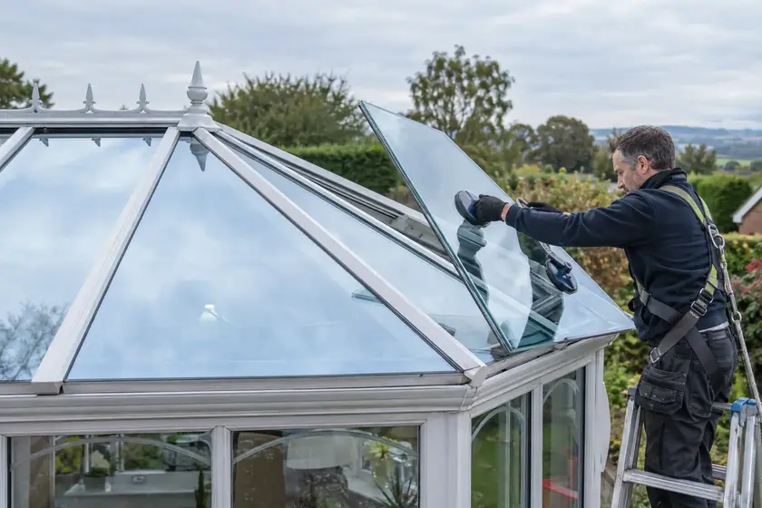 Illustrative Conservatory Window Film scene: Glazier Replacing a Conservatory Roof Panel.