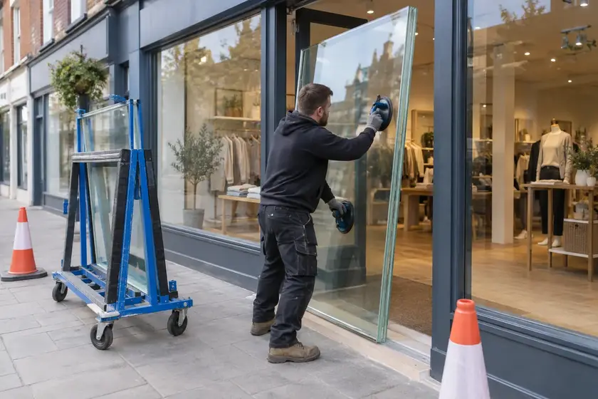 Illustrative Burglary Shopfront Repairs scene: Installing laminated shopfront security glass.png.