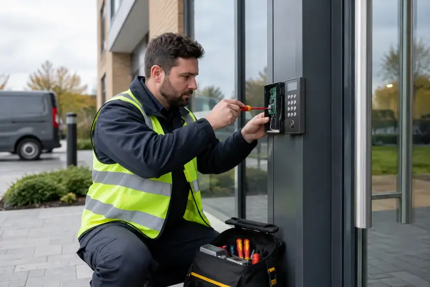 Illustrative Access Control Maintenance scene: Professional Access Control Specialist at Work.