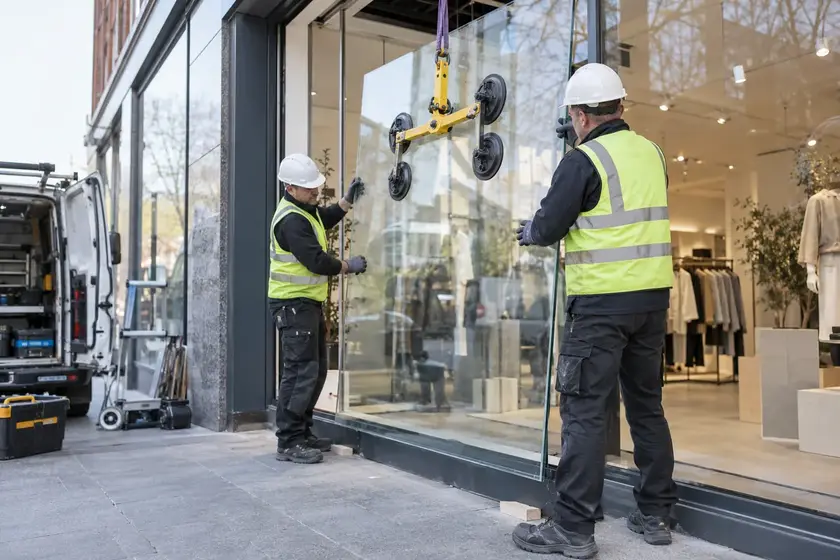 Illustrative Blast Mitigation Glazing Upgrades scene: Glazier Installing Laminated Security Glass.