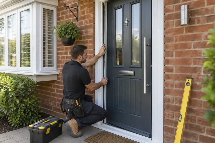 Illustrative Burglary Door Replacement scene: Installing a Modern Composite Front Door.