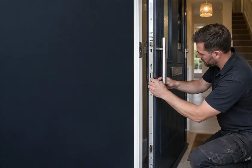 Illustrative Burglary Multi-Point Lock Repairs scene: UK door fitter adjusting multi point lock.