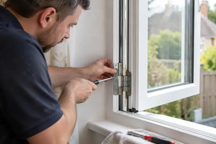 Illustrative Burglary Window Hinge Repairs scene: Glazier Replacing a uPVC Window Hinge.