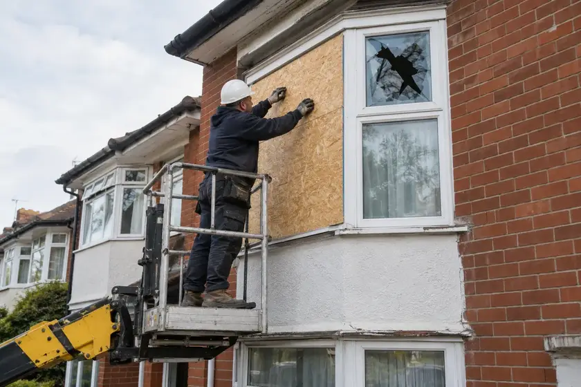 Illustrative Burglary Window Repairs scene: Boarding Up Engineer Secures Broken Bay Window.