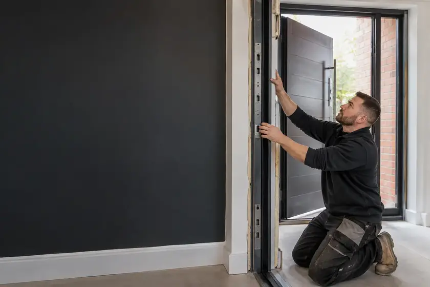 Illustrative Commercial Security Doors scene: Professional Installer Fitting Reinforced Steel Door.