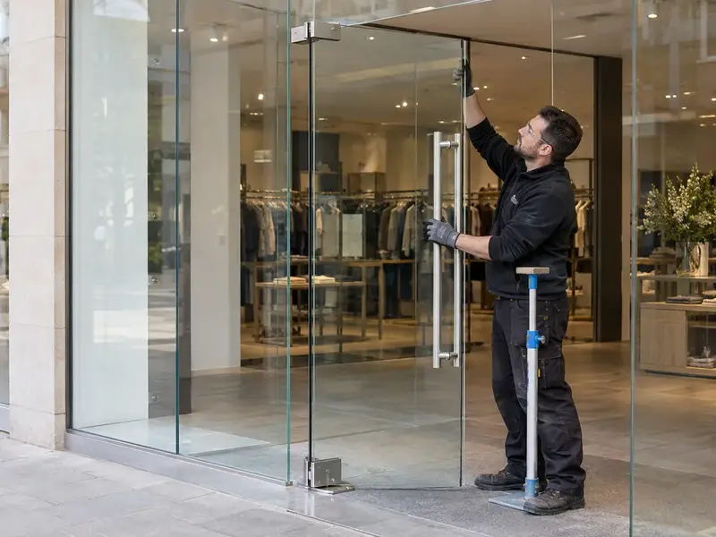 Illustrative Entrance Door Anti Shatter Film scene: Frameless Glass Entrance Door Installation.