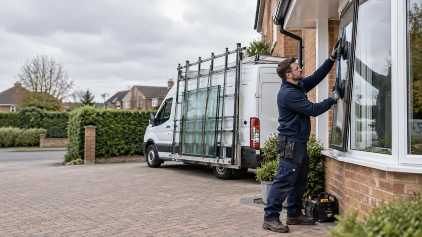 Illustrative Heat Reduction Window Film scene: Glazier Measuring Window Beside Glass-Racked Van.png.