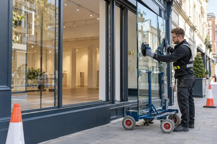 Illustrative Laminated Security Shopfront Glass scene: Glazier installing laminated shopfront glass.png.