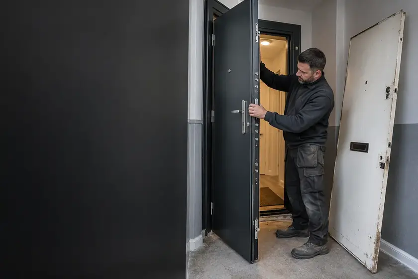 Illustrative Residential Security Doors scene: UK security door installation.