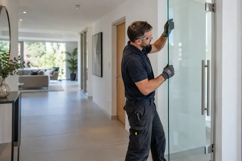 Illustrative Safety Film and Manifestation scene: Glazier fitting a frameless safety glass door.