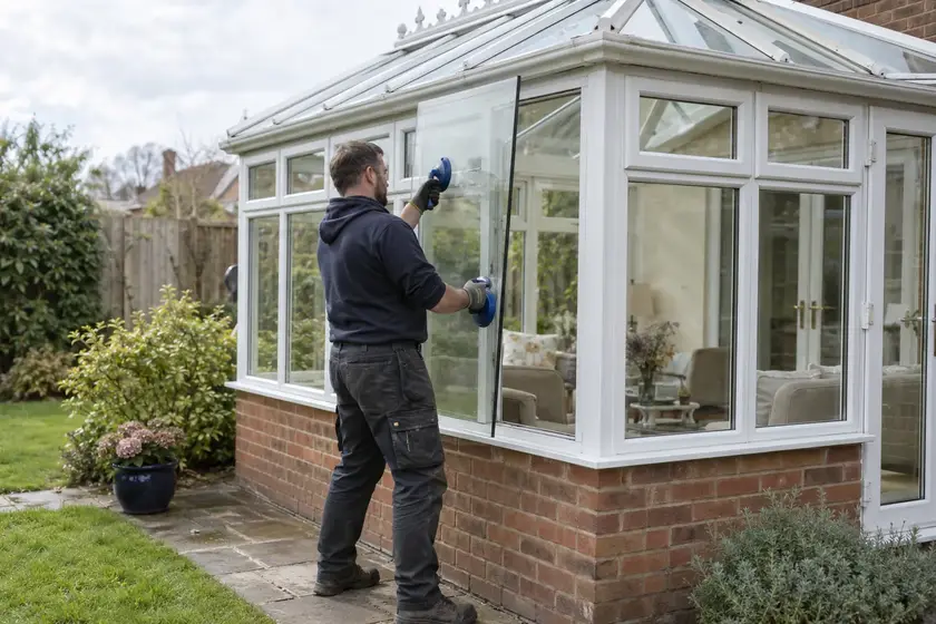 Illustrative Safety Film for Conservatories scene: Glazier replacing conservatory side panel.