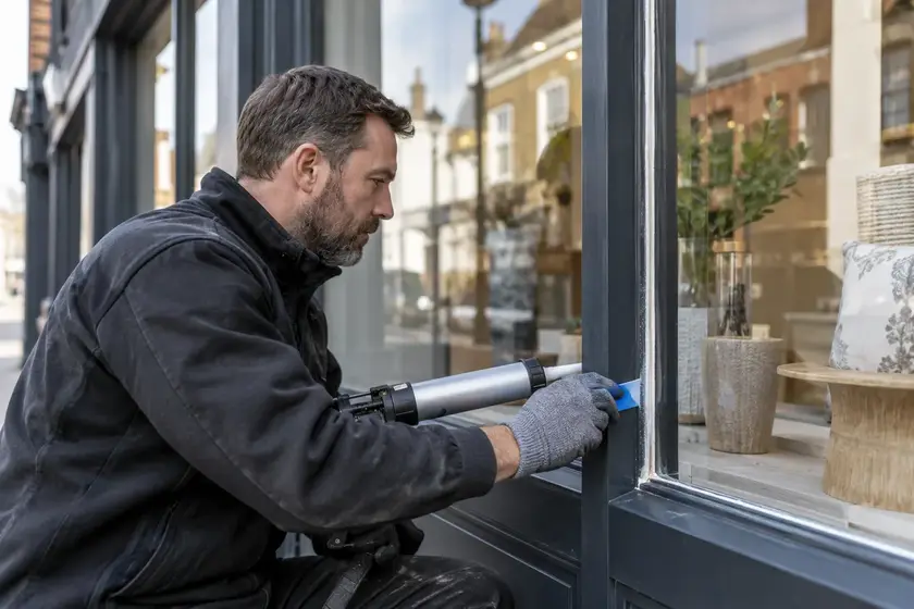 Illustrative Safety Film for Internal Glazing scene: Shopfront window resealing repair.png.