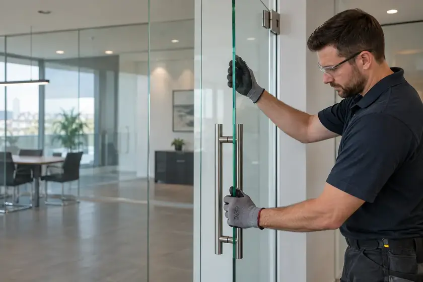 Illustrative Secondary Glazing for Offices scene: Glazier Installing Toughened Glass Office Door.
