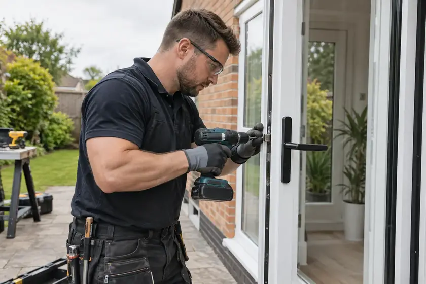 Illustrative Secondary Glazing for Schools scene: Professional window fitter at work.