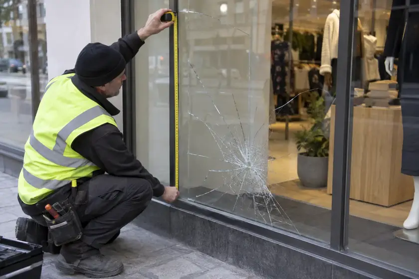 Illustrative Shopfront Solar Window Film scene: Glazier Measuring Cracked Shopfront Glass.png.