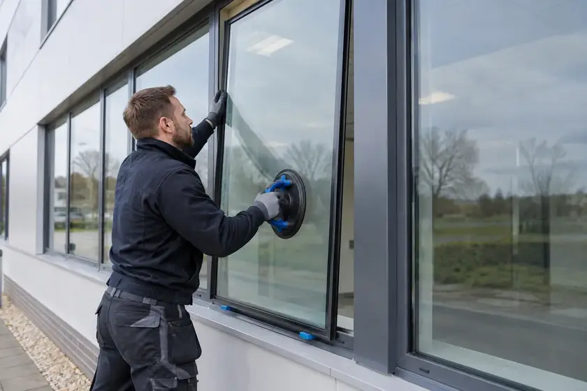 Illustrative Office Solar Window Film scene: Glazier Installing Commercial Office Window Glass.