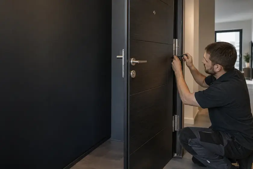 Illustrative Security Door Hinge Repairs scene: Premium apartment door hinge installation.