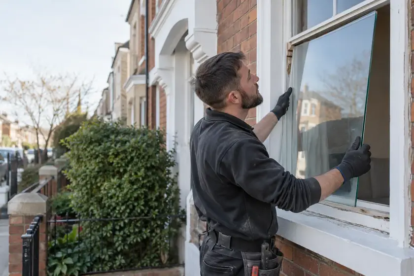 Illustrative Thermal Secondary Glazing scene: Careful glazier fitting replacement sash window glass.